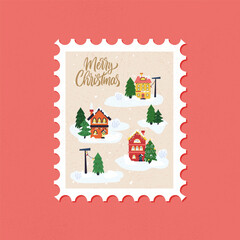 Fototapeta premium Christmas City Snow Postal Stamp. Vector Illustration of Seasonal Postcard. Frame for Celebrative Art.