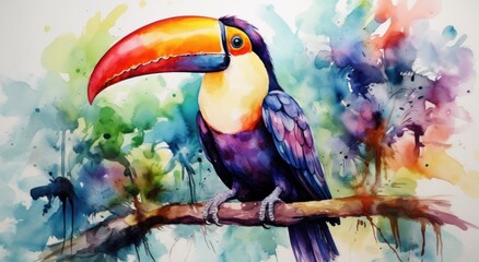 colorful toucan painting with watercolor,