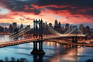 Panoramic view of a winter New York city skyline, with the city lights reflecting off the icy...