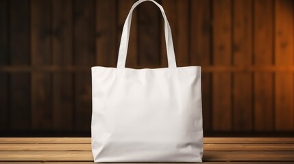 Cotton white plain tote bag ith blank front, realistic on a mockup template in a wooden table