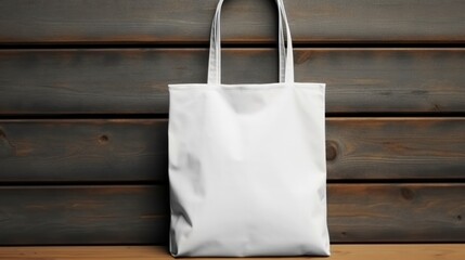 Cotton white plain tote bag ith blank front, realistic on a mockup template in a wooden table