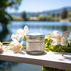 Fototapeta na wymiar cream in a jar on table by lake with flowers,