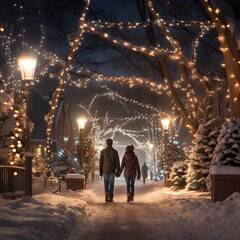 Christmas Night Silent Snowfall in the Woods Couple Love Walking