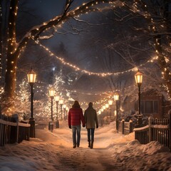 Christmas Winter Cold Night in the street Cople walking 
