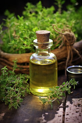 Obraz na płótnie Canvas bottle, jar with thyme essential oil extract