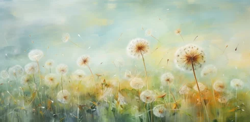 Foto op Plexiglas dandelions blowing in the wind on a grassy spring background, © ArtCookStudio
