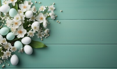 easter decorated eggs and flowers on wooden bed background, - obrazy, fototapety, plakaty