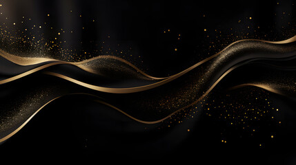 luxury black wavy background with golden glitter sparkles - obrazy, fototapety, plakaty