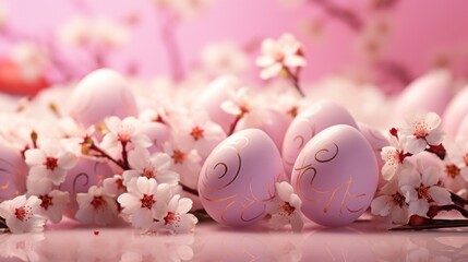 easter eggs are sitting on petals and a pink background,