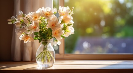 flowers in a vase on a wooden table over a window with sunlight,