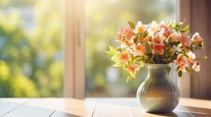 flowers in a vase on a wooden table over a window with sunlight,