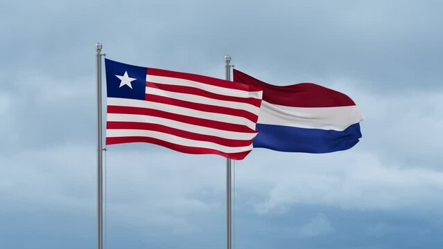 Netherlands flag and Liberia flag waving together on cloudy sky, endless seamless loop, two country relations concept