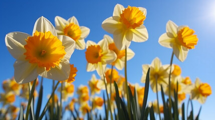 Fototapeta premium Sunlit Daffodils: Sun-kissed daffodils standing tall in golden clusters, radiating warmth and joy against a backdrop of blue skies.
