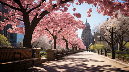 Springtime in the City: Urban scenes transformed by blooming trees and city parks, bringing the spirit of spring to bustling cityscapes.