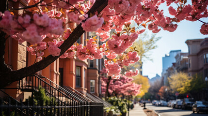Springtime in the City: Urban scenes transformed by blooming trees and city parks, bringing the spirit of spring to bustling cityscapes.