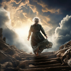 Elderly woman entering the gates of heaven
