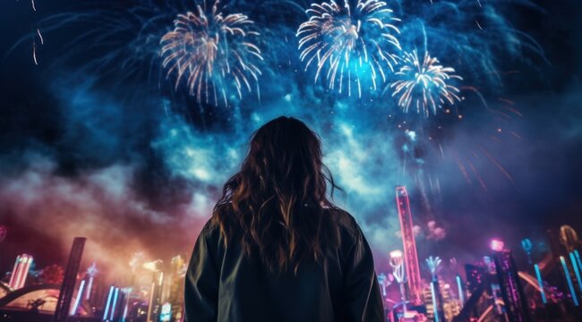 girl is holding back her hair and looking at fireworks