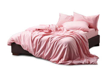 Comfortable bed with pink blanket on white background. Bedclothes, isolated