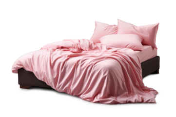 Comfortable bed with pink blanket on white background. Bedclothes, isolated