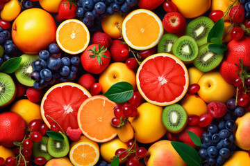 Naklejka na ściany i meble Multicolored background filled with various fruits and berries. Healthy eating concept