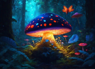 A colorful mushroom bright in the forest, a mushroom neon color, Neon mushroom in the dark forest