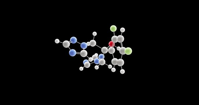 Fluconazole molecule, rotating 3D model of azoles, looped video on a black background