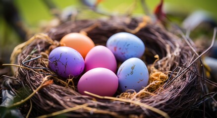 Naklejka na ściany i meble happy easter! colorful eggs in nest on grass,