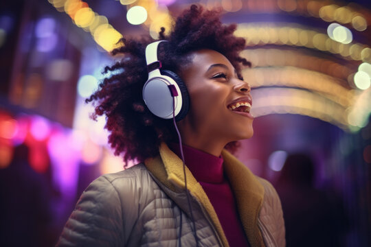 AI Generated Image of trendy African American young woman wearing headphones and listening music while walking on a Christmas decorated city street