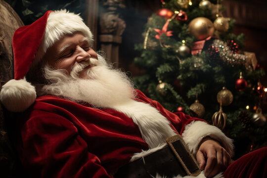 AI Generated Image side view of kind and serene Santa sleeping next to the Christmas tree after party