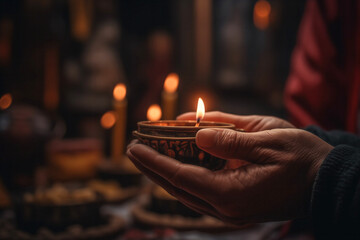 Generative AI depiction of hands holding a lit candle in dim light