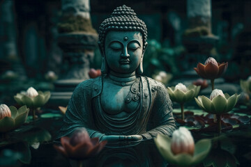 Generative AI image of Serene Buddha amidst lotus flowers