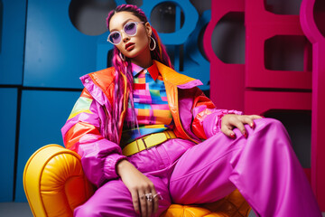 Obraz premium Fashion, style, make-up concept. Beautiful girl model posing with colorful clothing. 90's style outfit. Vivid colors