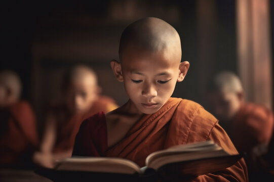 Generative AI image of a young monk reading solemnly
