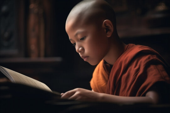 Generative AI image of a Young Monk Reading in a Dimly Lit Room
