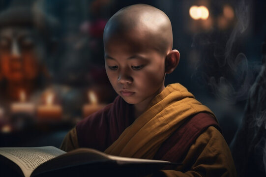 Generative AI image of a young monk studying intently