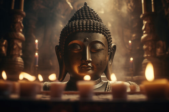 Generative AI image of Buddha Statue with Glowing Candles