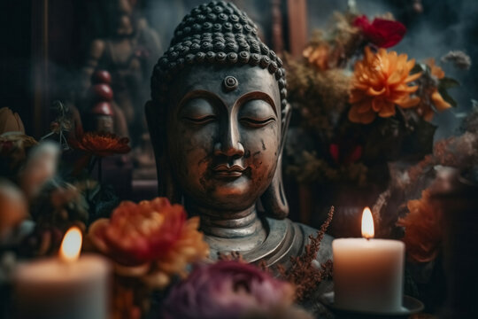 Generative AI image of a tranquil Buddha statue with candles