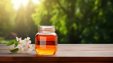 jar of honey with blank front realistic on a mockup template in a wooden table in a summer garden with bee, - obrazy, fototapety, plakaty