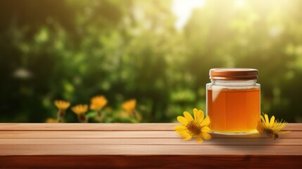 jar of honey with blank front realistic on a mockup template in a wooden table in a summer garden with bee, - obrazy, fototapety, plakaty