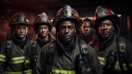 Portrait of a team of dirty firefighters after work. Generative AI