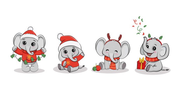  set of Cute cartoon elephant cub isolated on white background. Christmas card with funny elephant and gift. Vector illustration
