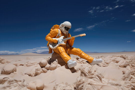 Futuristic man playing the guitar in a desert. Generative AI