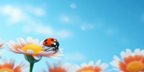ladybug on a flower with blue background,