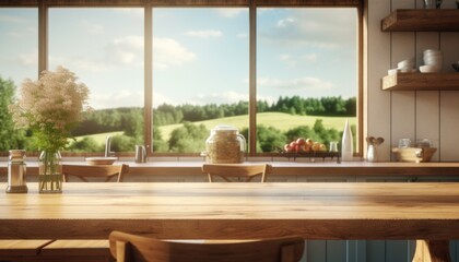 kitchen wooden table with large windows overlooking field,