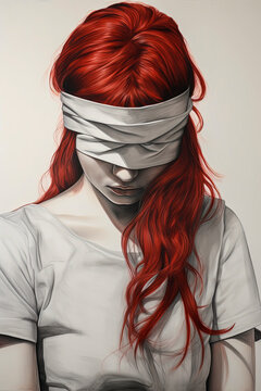 Generative AI image of blindfolded woman with vibrant red hair. Justice Concept.