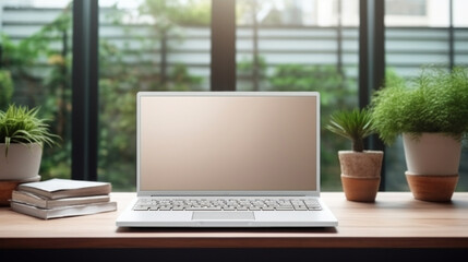laptop with blank front, realistic on a mockup template in a table in a luxury office,