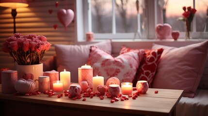 Cozy room interior decorated for Valentine day, table with candles, coach with pink pillows on background