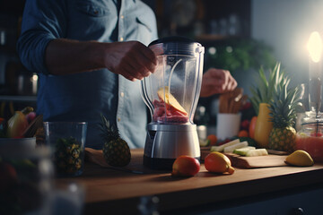 A man making a fruit smoothie in his kitchen close-up