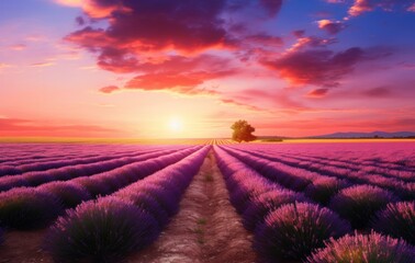 lavender field landscape in a beautiful sunset