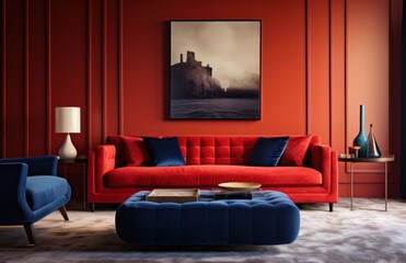 living room with red sofa, coffee table and tv,